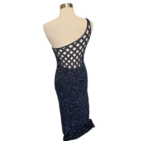 90s Vintage Fully Beaded Gown Blue Scala Size XL Silk One Shoulder - Picture 9 of 9